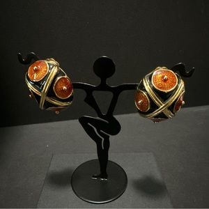VTG JOAN RIVERS GOLD TONE AMBER & BLACK ENAMEL CLIP-ON EARRINGS